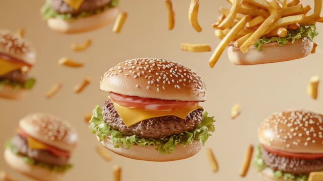 Video A group of hamburgers and fries flying through the air, perfect for s about food, fun, or whimsy