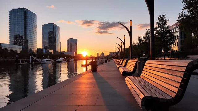 Urban Sunset Reflections on River with Row of Wooden Benches Tall Buildings and Calm Water Under Golden Sunlight And Sky Cityscape Silhouettes