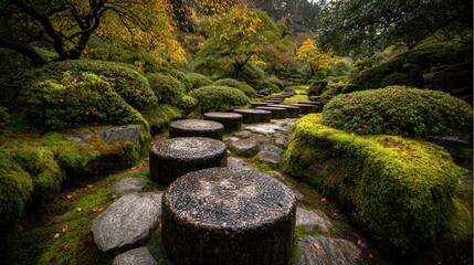 Stone path leads through a lush garden with vibrant moss-covered landscaping and trees displaying autumn color