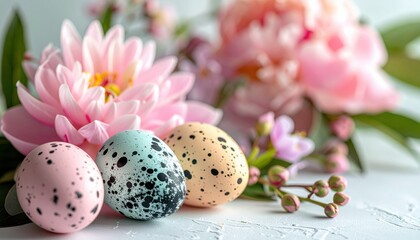 Obraz premium Pastel speckled Easter eggs placed on a white surface next to soft pink blooming flowers in a bright minimalist setting