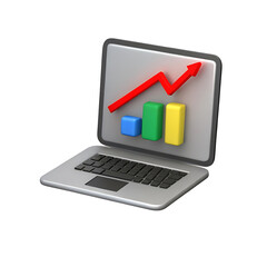 A 3D icon of a laptop with a graph on the screen isolated on a white background showing growth