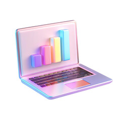 A 3D icon of a laptop with a colorful bar graph on its screen isolated on white background