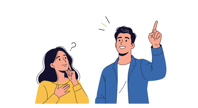 Illustration of a thoughtful woman with a question mark and a man having a great idea, pointing his finger upwards with excitement.
