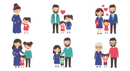 Fototapeta premium Set of six illustrations showing the beautiful stages of family life, from a pregnant couple to a multigenerational family with grandparents.