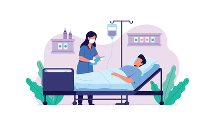 Female nurse in a mask attending to a male patient lying in a hospital bed with an IV drip, providing medical care and treatment.