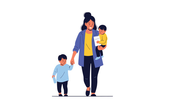 Smiling mother walking with her two young sons, holding one child's hand while carrying the other, representing a happy family life.