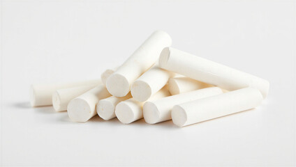A pile of white cylindrical chalk sticks on a plain white surface for drawing or writing purposes