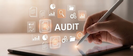 A hand holds a stylus over a tablet displaying digital icons representing documents charts gears and a magnifying glass with the word AUDIT prominently featured financial accounting business