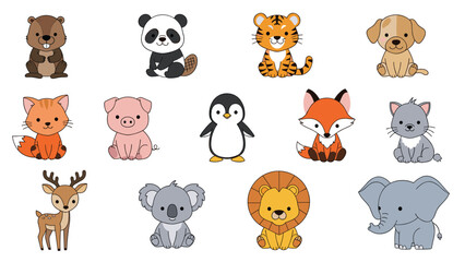 Obraz premium Adorable set of cartoon baby animals including a beaver, panda, tiger, puppy, fox, penguin, and elephant on a white background.