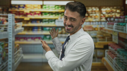 Fototapeta premium Man gestures hands toward stocked grocery shelves in supermarket building making an engaging presentation; confidence.