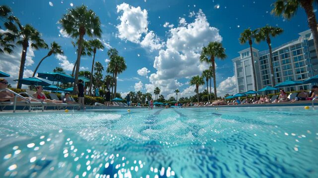 Sunny resort pool scene with palm trees, umbrellas, and people lounging