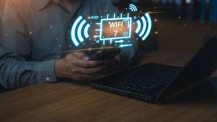 Conceptual image of Wi-Fi 7 wireless technology with network signal icons over a smartphone and laptop, representing high bandwidth, fast internet access, digital connectivity, and modern