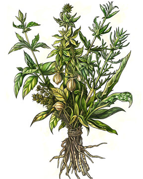 Botanical clipart for a grimoire: a magical bundle of sacred herbs and plants: mandrake root, mugwort, wormwood, fern, tied with twine.