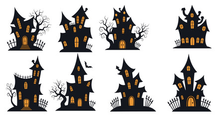 Set of haunted house silhouettes with spooky trees and fences