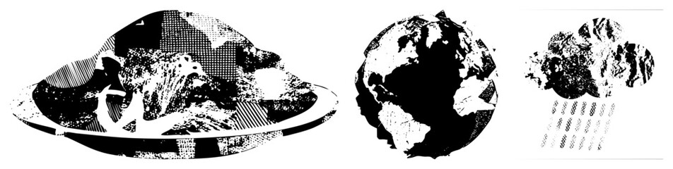Fototapeta premium Halftone Earth, UFO, and Raincloud Weather Symbols in Black and White