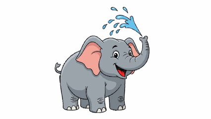 A cheerful and playful cartoon elephant standing happily and spraying a splash of blue water from its raised trunk, isolated on a white background. © MS