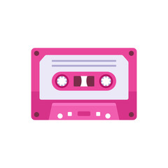 Obraz premium Pink cassette tape audio icon with reels, colorful vector flat style illustration