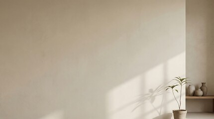 Warm Beige Wall With Natural Light And Shadows And Decorative Pottery On A Shelf With A Small Potted Plant