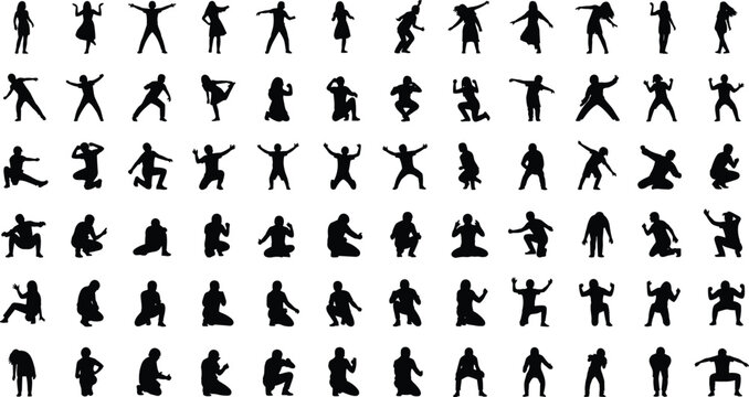 Extensive collection of black male and female character silhouettes in diverse active poses including jumping dancing crouching and expressive movements for lifestyle and design projects
