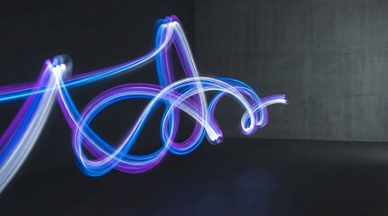 Abstract Light Painting Blue Purple White Swirls In Dark Concrete Room With Dramatic Lighting