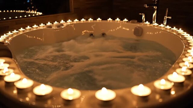Luxurious round jacuzzi bathtub with candles creating a relaxing spa ambiance at night
