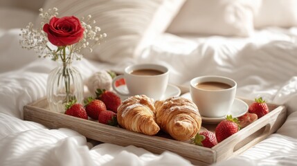 Romantic breakfast in bed tray with croissants, coffee cups, strawberries and red rose on white sheets, Valentine day morning surprise