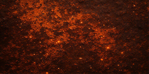 A close up of a rusty metal plate texture creates a grunge background with an intense orange inferno of heat and burning fire energy