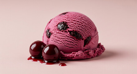Creamy cherry berry ice cream scoop with dark red fruits and sweet syrup. Luxurious summer dessert photography on soft pink studio background