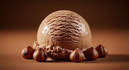 Rich chocolate hazelnut ice cream scoop surrounded by whole nuts on dark cocoa background. Decadent gourmet dessert photography with soft lighting