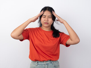 Portrait of young Asian woman isolated by white background feeling frustrated with helpless face expression. Irritated face expressions show negative attitude concept image