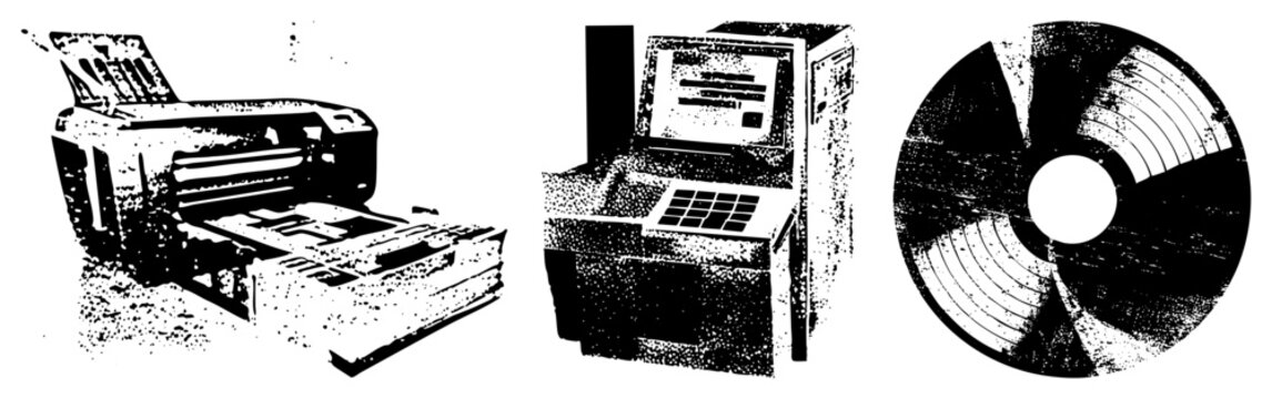 Vintage Dot Matrix Printer, ATM, and CD ROM Disc in Halftone Vector Style