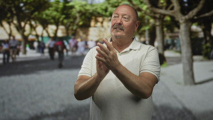 Man clapping hands on a tree lined street, wearing a white polo and smiling while rubbing palms together with people and trees in the blurred plaza; contentment gratitude reflection.