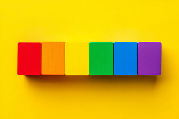 Rainbow colored blocks on yellow background  colorful wooden cubes in row  vibrant hues  no people