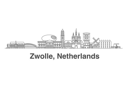 Zwolle, Netherlands architecture line skyline illustration. Linear vector cityscape with famous landmarks, city sights, design icons. Editable stroke.
