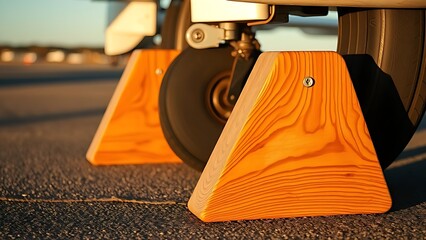 chocks. Wooden wheel chocks placed securely against a large aircraft tire. mobility guides, transit brochures, designed for mobility and urban transit guides, used by operations managers.