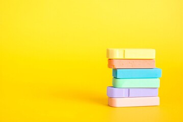 Stack of colorful plastic containers on yellow background for storage or organization  household items
