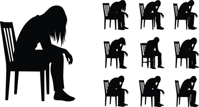 Set of black silhouettes showing a lonely woman sitting on a chair in various sad and depressed poses for mental health and grief concepts