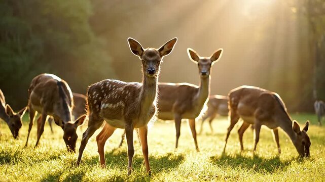 Group of deer grazing in a sunlit green meadow with forest background