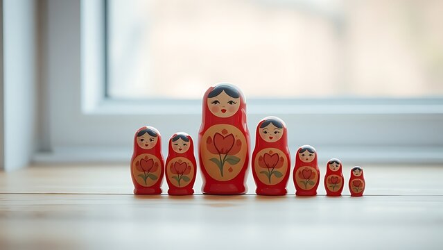 matryoshka. Matryoshka dolls nested together on a wooden surface in soft light. event programs, museum guides, designed for cultural heritage projects and event programs, supports education.