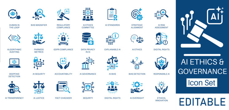 AI Ethics and Governance solid icon set. Includes symbols for Regulatory Compliance, GDPR, AI Risk Assessment, and Data Privacy. Solid vector icons for artificial intelligence law.