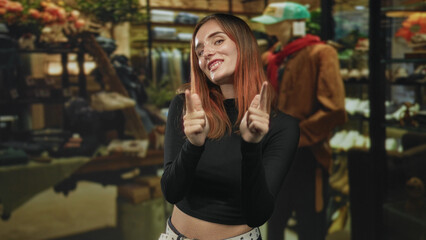 Fototapeta premium Woman smiling and making finger guns gesture toward camera among mannequins, racks and a jacket in a boutique building; playful confidence.
