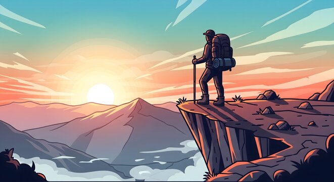 Cartoon-style depiction of a hiker standing on a cliff edge, overlooking a scenic mountain range as the sun rises. The hiker holds a trekking pole and carries a large backpack.