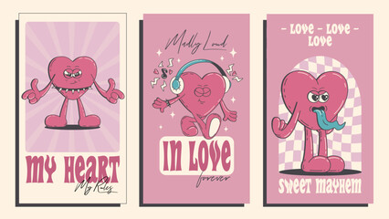 Punk Style Heart Characters Stories Vector Templates. Social Media Valentine's Day Illustrationn.