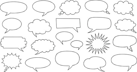 Blank speech and thought bubble set, hand drawn comic dialog balloons and empty chat shapes, outline vector elements for comics, stickers, posters, and UI design