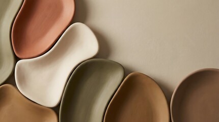 Organic Shaped Ceramic Plates in Earth Tones Arranged on Textured Beige Background Neutral Palette