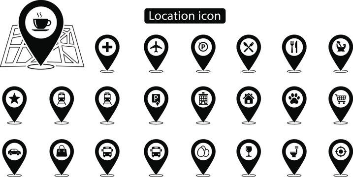 Location pin icon set with map markers for travel, navigation, restaurants, transport, parking, healthcare, shopping, and services, minimalist black vector symbols for maps, apps, and UI design