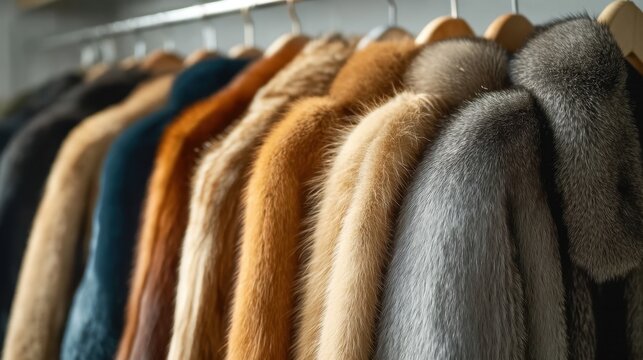 Collection of Colorful Fur Coats Hanging on Rack Showcasing Texture and Style in Fashionable Display