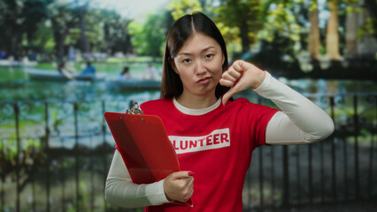 Woman outdoors in park making thumbs down gesture holding clipboard wearing red volunteer shirt...