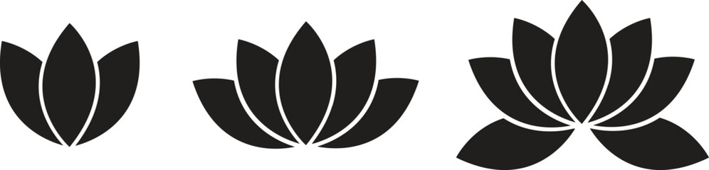 Minimal lotus flower icon collection in solid and outline styles, designed for yoga, meditation, wellness branding, spiritual projects, spa logos, mindfulness visuals, modern vector illustrations, and