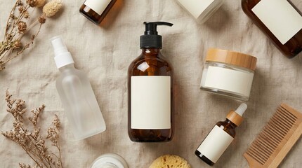 Amber glass dispenser bottle with blank label surrounded by cosmetics